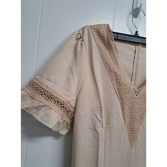 Women Dress Lace V Neck Ruffle Sleeve Casual Short Mini Dress Ligth Khaki Size M - Picture 3 of 14